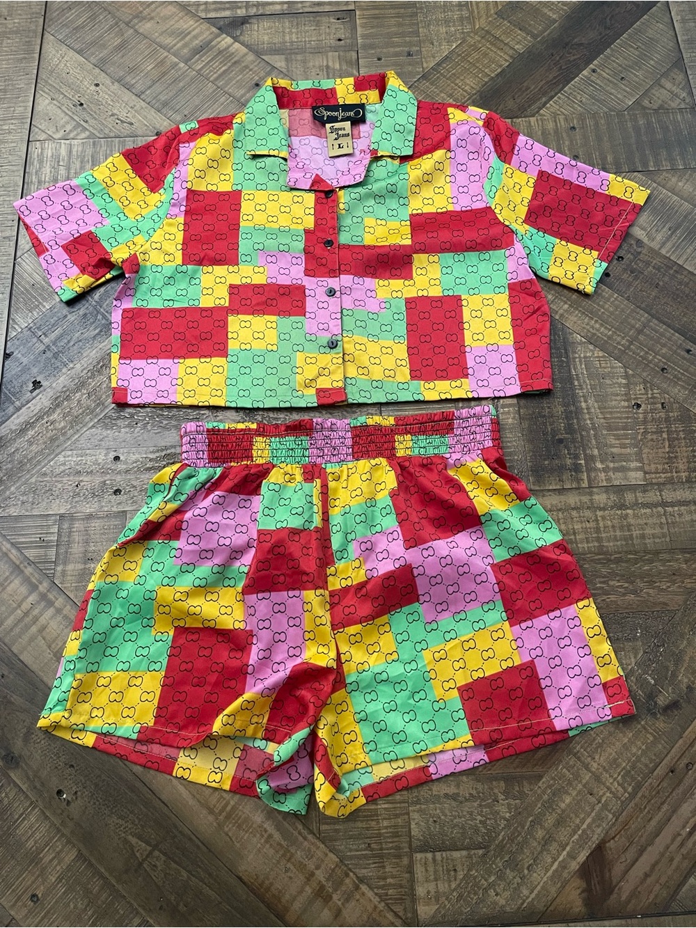 Vintage Y2K Spoon Jeans 2-Piece Set - Colorblock Block Pattern Crop Top & Shorts